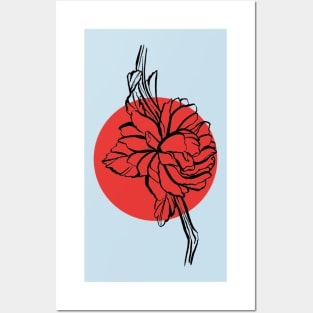 Silhouette of a flower against a red circle background Posters and Art